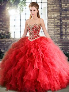 Red Tulle Lace Up Sweetheart Sleeveless Floor Length Quinceanera Dress Beading and Ruffles