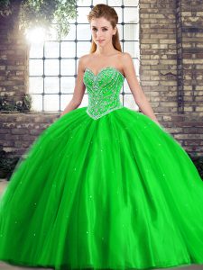 Sweetheart Sleeveless Brush Train Lace Up 15 Quinceanera Dress Green Tulle