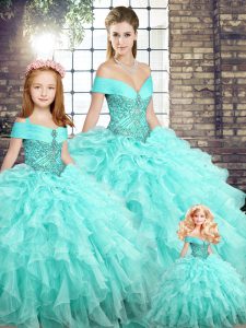 Cheap Aqua Blue Sweet 16 Dress Military Ball and Sweet 16 and Quinceanera with Beading and Ruffles Off The Shoulder Sleeveless Brush Train Lace Up