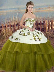 Olive Green Tulle Lace Up Sweetheart Sleeveless Floor Length Sweet 16 Dress Embroidery and Bowknot