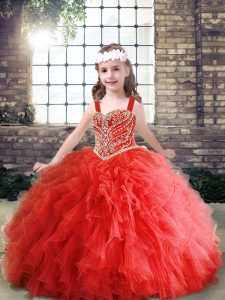 Superior Floor Length Red Little Girls Pageant Gowns Straps Sleeveless Lace Up