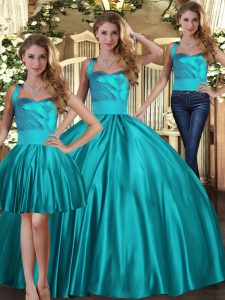 Teal Sleeveless Floor Length Ruching Lace Up Ball Gown Prom Dress