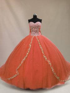 Orange Quinceanera Gowns Sweetheart Sleeveless Brush Train Lace Up