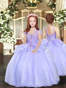 Perfect Lavender Sleeveless Floor Length Beading Lace Up Little Girls Pageant Dress