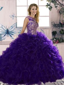 Decent Floor Length Purple Quinceanera Gowns Organza Sleeveless Beading and Ruffles