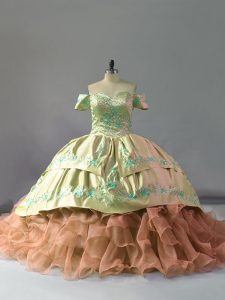 Fashion Off The Shoulder Sleeveless 15 Quinceanera Dress Chapel Train Embroidery and Ruffles Multi-color Organza