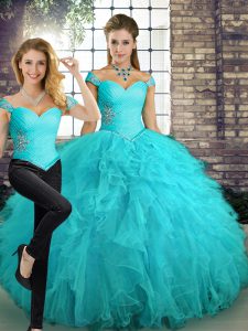 Extravagant Aqua Blue Two Pieces Beading and Ruffles Quinceanera Gown Lace Up Tulle Sleeveless Floor Length