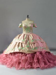 Pink Organza Lace Up Off The Shoulder Sleeveless Floor Length Quinceanera Gown Chapel Train Embroidery and Ruffles