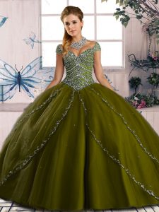 Delicate Ball Gowns Cap Sleeves Olive Green 15 Quinceanera Dress Brush Train Lace Up