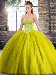 Dramatic Sweetheart Sleeveless Vestidos de Quinceanera Brush Train Beading Olive Green Tulle