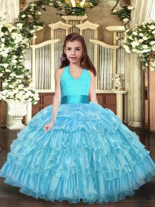 Trendy Aqua Blue Lace Up Kids Formal Wear Ruffled Layers Sleeveless Floor Length