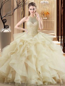 Organza Halter Top Sleeveless Brush Train Beading and Ruffles Quince Ball Gowns in Champagne