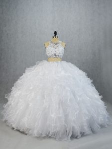 Low Price White Lace Up Ball Gown Prom Dress Beading and Ruffles Sleeveless Brush Train