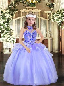 Ball Gowns Little Girl Pageant Dress Lavender Halter Top Organza Sleeveless Floor Length Lace Up