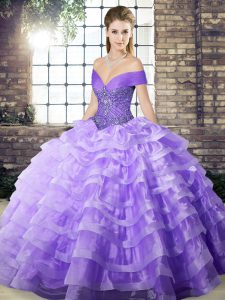 Brush Train Ball Gowns Sweet 16 Dresses Lavender Off The Shoulder Organza Sleeveless Lace Up