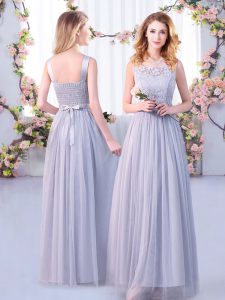 Sleeveless Floor Length Lace and Belt Side Zipper Court Dresses for Sweet 16 with Grey