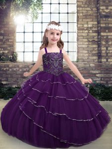 Glorious Floor Length Lace Up Kids Pageant Dress Eggplant Purple for Party and Wedding Party with Beading and Ruffled Layers