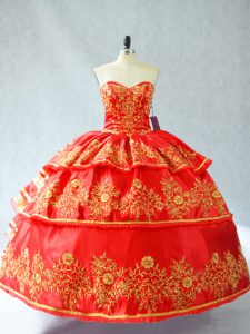 Colorful Floor Length Red Ball Gown Prom Dress Satin and Organza Sleeveless Embroidery and Ruffled Layers