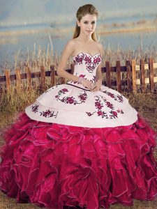 Beauteous Fuchsia Sweetheart Neckline Embroidery and Ruffles and Bowknot 15 Quinceanera Dress Sleeveless Lace Up