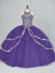 Tulle Halter Top Sleeveless Lace Up Beading Vestidos de Quinceanera in Purple