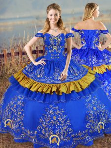 Hot Selling Blue Ball Gowns Satin Off The Shoulder Sleeveless Embroidery Floor Length Lace Up Quince Ball Gowns