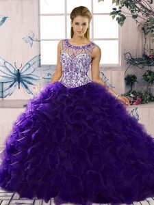 Scoop Sleeveless Lace Up Quinceanera Gowns Purple Organza