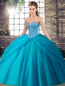 Aqua Blue Lace Up 15th Birthday Dress Beading and Pick Ups Sleeveless Brush Train