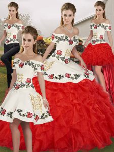 White And Red Sleeveless Organza Lace Up Quinceanera Dress for Military Ball and Sweet 16 and Quinceanera