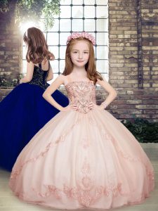 Straps Sleeveless Little Girl Pageant Gowns Floor Length Beading Pink Tulle