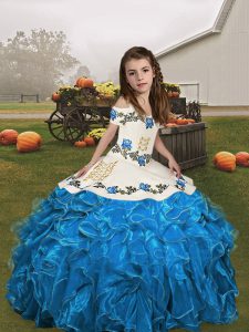 Blue and Baby Blue Ball Gowns Embroidery and Ruffles Little Girls Pageant Dress Wholesale Lace Up Organza Sleeveless Floor Length