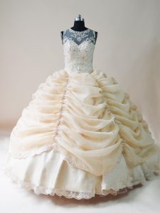 Champagne Ball Gowns Organza Scoop Sleeveless Lace and Appliques Floor Length Lace Up Quinceanera Gown