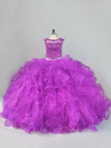 Best Purple Ball Gowns Beading and Ruffles Sweet 16 Dresses Lace Up Tulle Sleeveless Floor Length