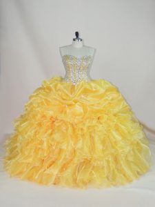 Yellow Sweetheart Lace Up Beading and Ruffles Quinceanera Dresses Sleeveless