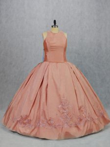 Delicate Peach Ball Gowns Taffeta Scoop Sleeveless Embroidery Floor Length Zipper Sweet 16 Dress