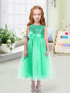 Modern Organza Sleeveless Tea Length Child Pageant Dress and Sequins and Hand Made Flower