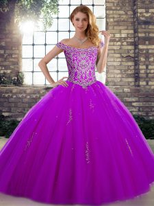 Sexy Purple Lace Up Quince Ball Gowns Beading Sleeveless Floor Length