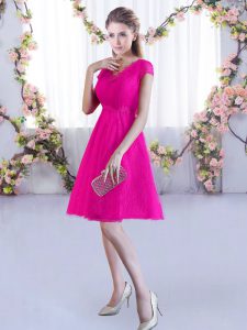 Mini Length Hot Pink Dama Dress for Quinceanera Lace Cap Sleeves Lace