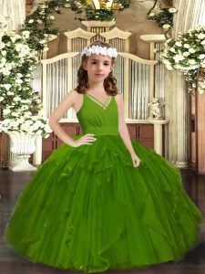 Discount Olive Green Sleeveless Tulle Zipper Little Girl Pageant Gowns for Party and Wedding Party