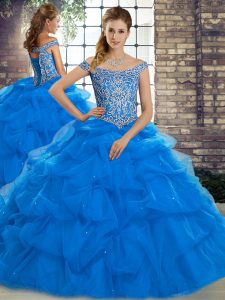 Extravagant Lace Up Sweet 16 Dress Blue for Military Ball and Sweet 16 and Quinceanera with Beading and Pick Ups Brush Train