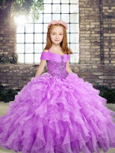 Graceful Lavender Sleeveless Organza Lace Up Pageant Gowns For Girls for Party and Wedding Party