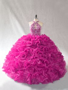 Fuchsia Sleeveless Organza Brush Train Lace Up Sweet 16 Quinceanera Dress for Sweet 16 and Quinceanera