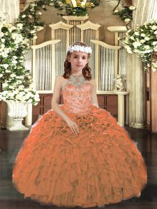 Luxurious Orange Halter Top Lace Up Beading and Ruffles Little Girls Pageant Gowns Sleeveless