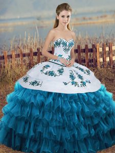 Discount Sleeveless Organza Floor Length Lace Up Quinceanera Gown in Blue And White with Embroidery and Ruffled Layers and Bowknot