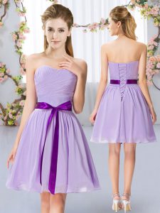 Comfortable Lavender Sleeveless Mini Length Belt Lace Up Quinceanera Court of Honor Dress