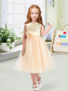 Simple Champagne Little Girls Pageant Dress Wedding Party with Sequins and Hand Made Flower Scoop Sleeveless Zipper