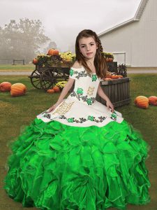 Elegant Green Lace Up Straps Embroidery and Ruffles Little Girl Pageant Dress Organza Sleeveless