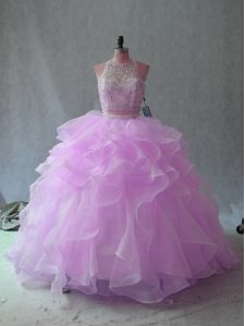 Exquisite Lilac Halter Top Backless Beading and Ruffles Ball Gown Prom Dress Sleeveless