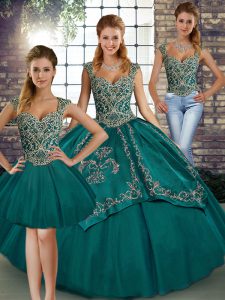 Teal Straps Lace Up Beading and Embroidery Quinceanera Gown Sleeveless