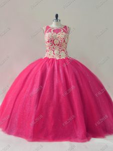 Tulle Scoop Sleeveless Lace Up Beading Quinceanera Dress in Hot Pink