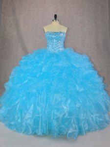 Blue Ball Gowns Organza Strapless Sleeveless Beading and Ruffles Floor Length Lace Up Quinceanera Gown